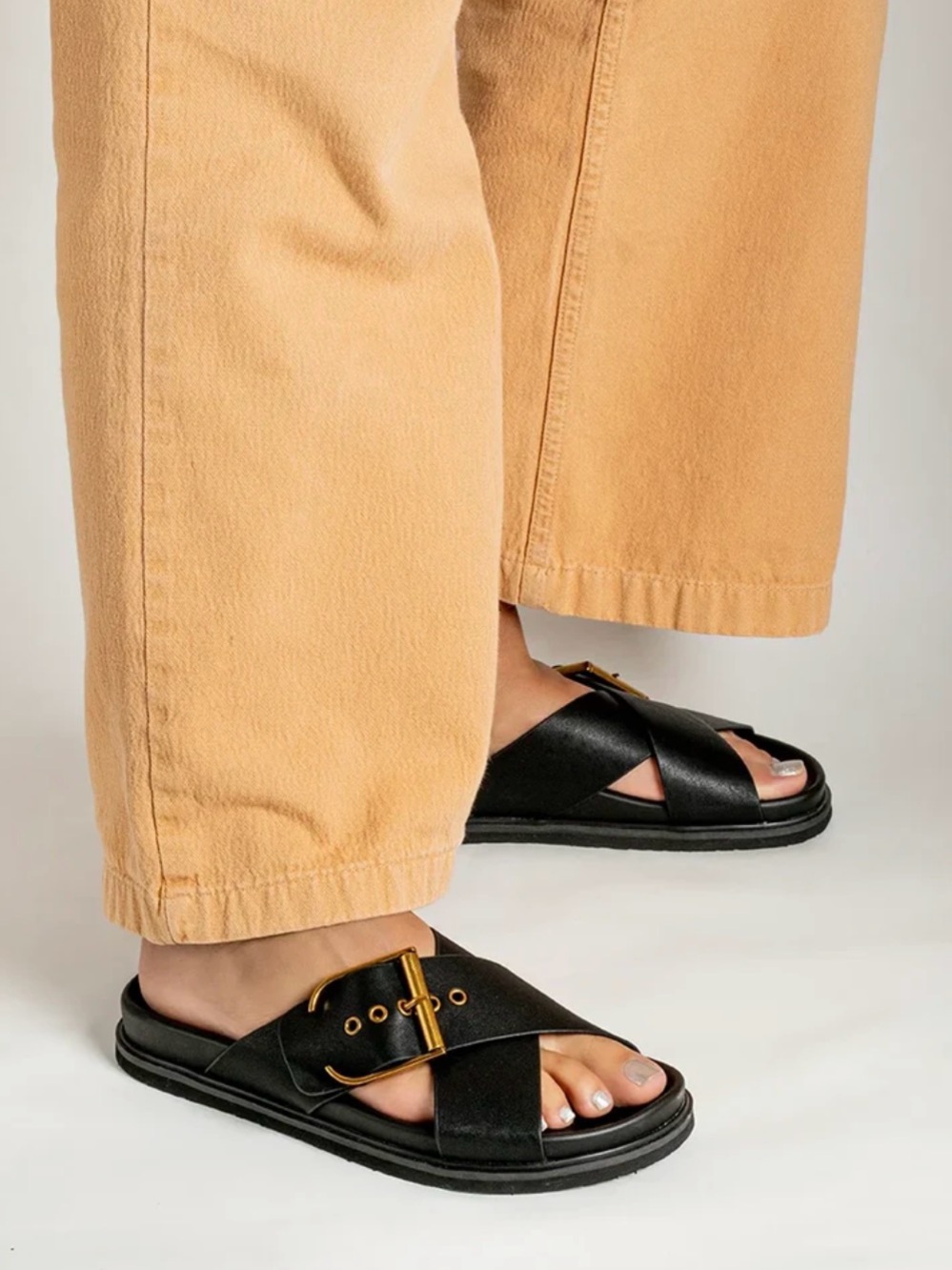 ShuShop Black Crisscross Slide Sandals with Gold Buckle
